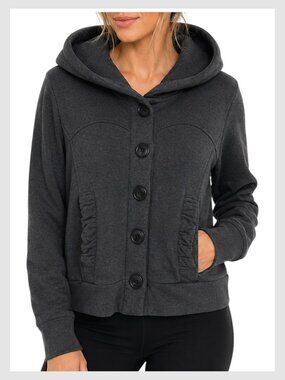 Hooded Knit Jacket Gray Ruched Pocket Button Front L